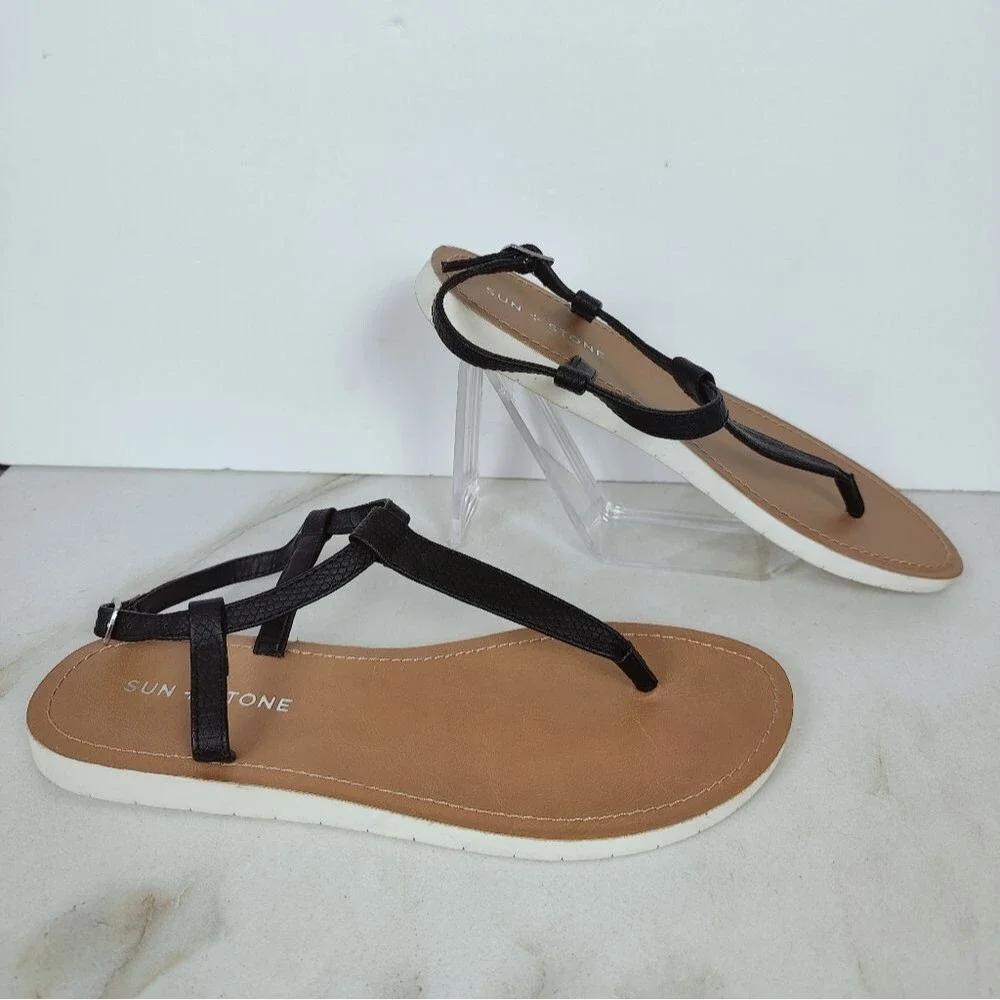 Sun + Stone Kristi Black Faux Leather Slingback Flat T-Strap Thong Sandals, 7.5